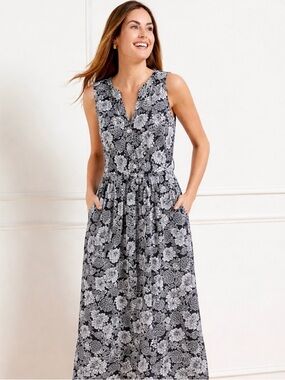 Talbots Midnight Blue & White Floral Sleeveless Button Down Maxi Dress